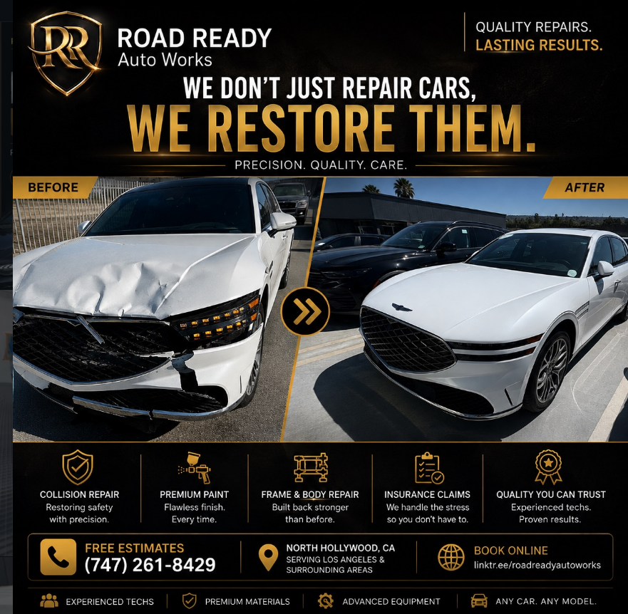 Road Ready Auto Works repair showcase: a white sedan with front-end damage before repair and its restored bodywork after repair.